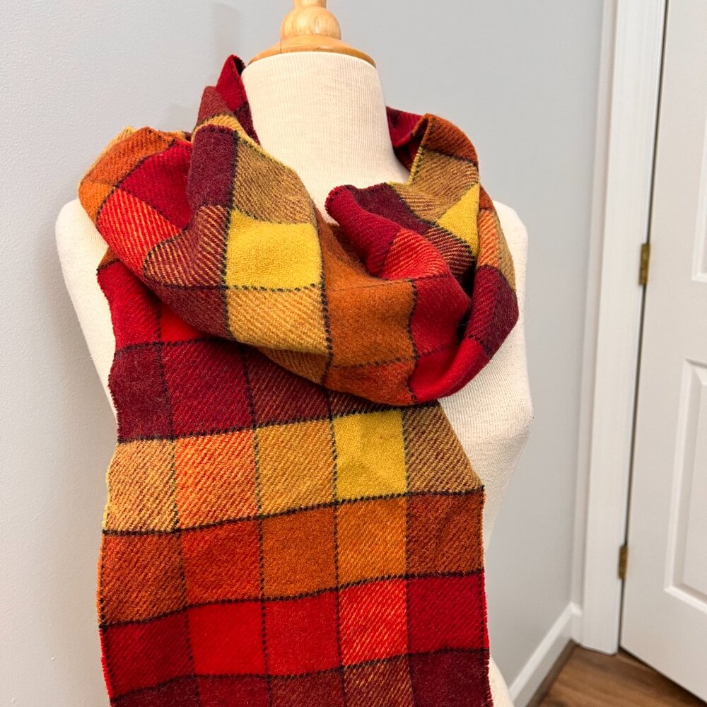 Calzeat of Scotland Border Lambswool Scarf Red Yellow Color Block Plaid - Picture 8 of 8